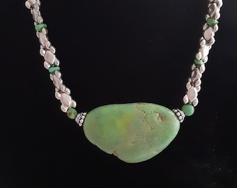 Gorgeous Green Carico Lake Turquoise Pendant & Bead Necklace w/ Sterling Silver Beads and Clasp