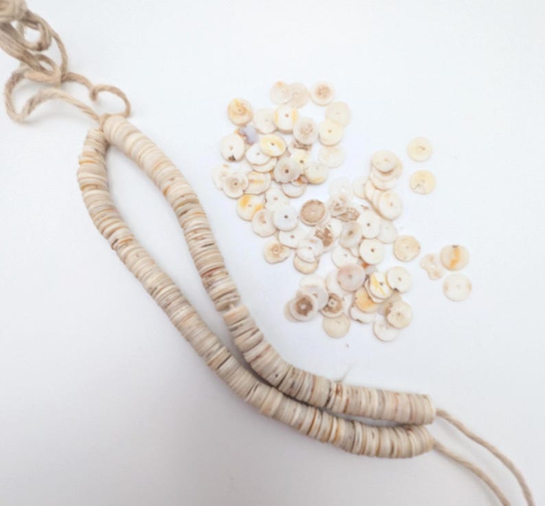 May include: A necklace made of small, flat, beige shell beads strung on a natural fiber cord. A pile of loose shell beads is scattered nearby. The beads have a natural, organic appearance, with variations in color and texture.
