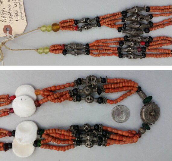 Handmade Kyrgyz Turkoman 4 Strand Coral Bead Necklace W/ Shell