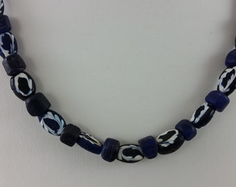 Antique Venetian African Tribal Trade Glass Bead Strand Necklace w/ .925 Sterling Silver Clasp