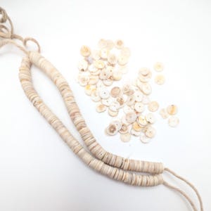 May include: A necklace made of small, round, beige shell beads strung on a natural fiber cord. A pile of loose shell beads is scattered nearby. The background is white.