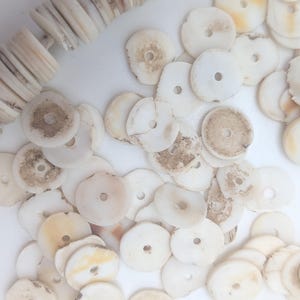 May include: A collection of off-white, disc-shaped beads with a central hole, some showing natural markings. A strand of similar beads is visible on the left. These beads are suitable for jewelry making or craft projects.