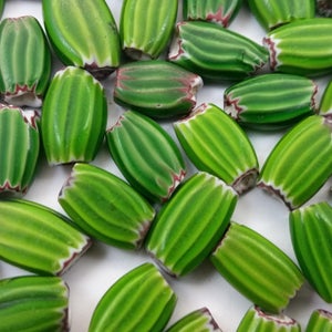 x10 Antique Venetian Green Chevron &quot;Watermelon&quot; Tribal African Trade Flat Barrel Beads Loose - Rare 19th Century 1800&#39;s