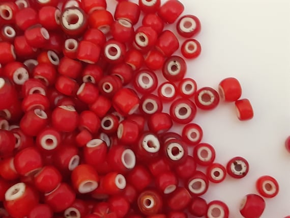 X1 Lot Rare Antique Asian Red White Hearts 4-6mm African Trade