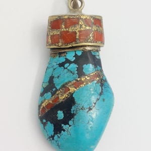 Antique Tibetan Turquoise Stone Pendant Set in Sterling Silver w/ Coral & Brass Inlay -  Rare Jewelry - TB-C23