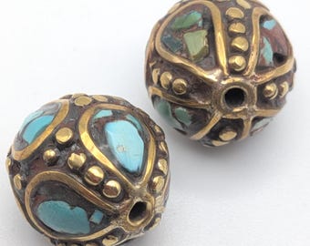Pair of Vintage Tibetan Mosaic Turquoise and Brass Inset Round Bead - Rare Beading Supplies - TBB - 20