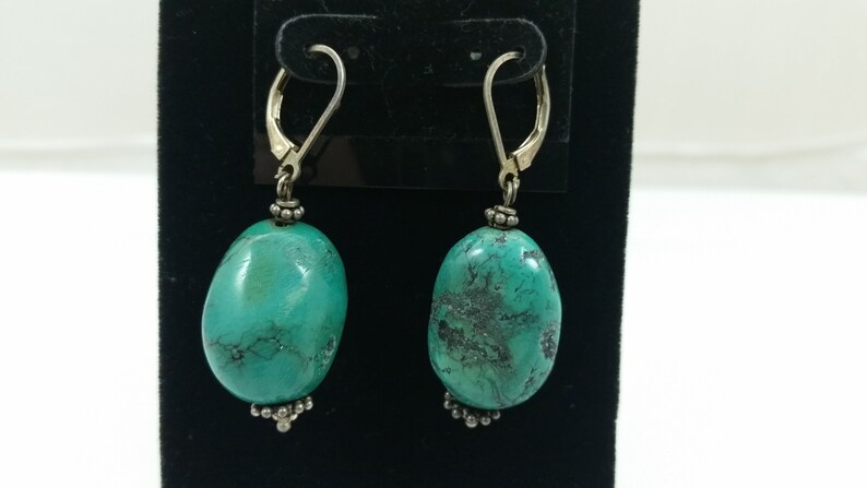 Natural Cut Oval Turquoise Stone Bead /& .925 Sterling Silver Lever Back Earring Pair Custom Earrings