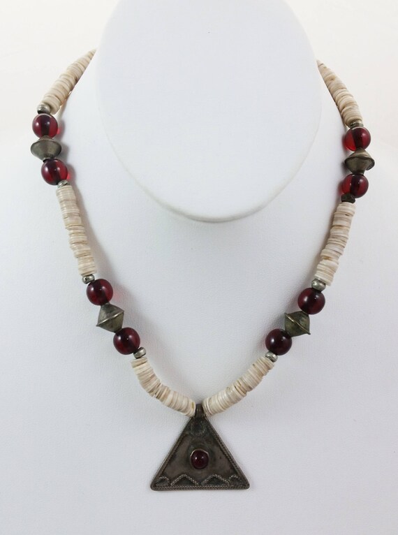 Vintage Tribal Afghanistan White Metal Triangular Pendant Necklace