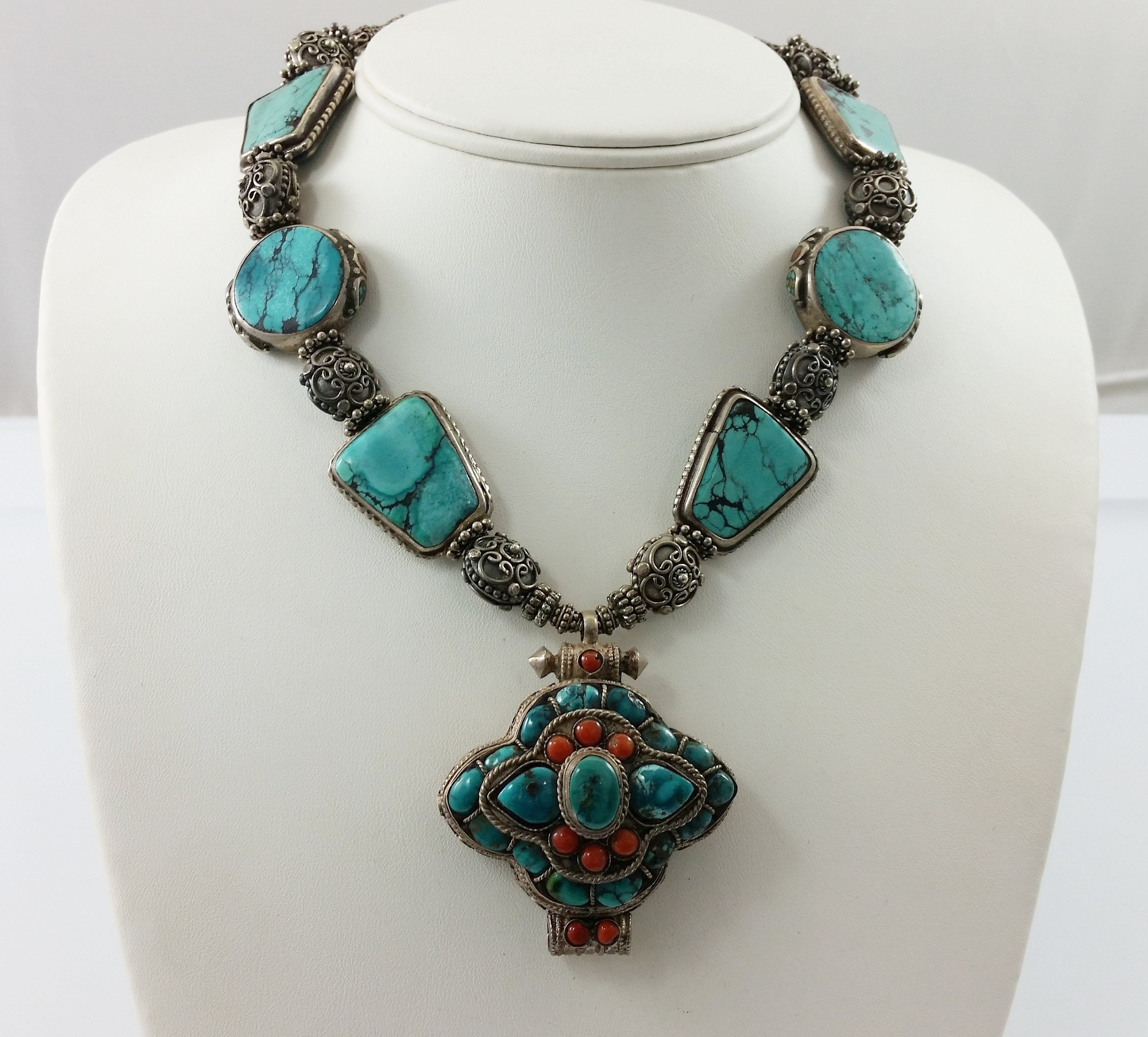 Tibetan Ghau Prayer Box Pendant Necklace W/ Silver Wrapped Tibetan 