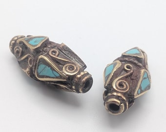 Vintage Tibetan Mosaic Turquoise and Brass Bicone Beads Pair - Rare Beading Supplies - TBB -29