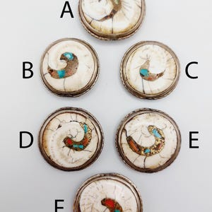 Puede incluir: Seis botones redondos, blancos y decorativos con un borde plateado. Cada botón presenta un diseño en espiral con acentos turquesa, dorado y rojo.