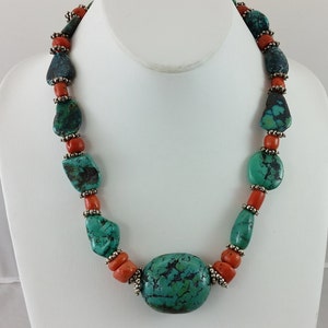 Antique Rare Handmade Tibetan Turquoise & Mediterranean Coral Beaded Necklace