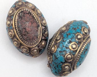 Pair of Large Vintage Tibetan Mosaic Turquoise & Coral Filigree Brass Oval Beads - Rare Beading Supplies - TBB -4