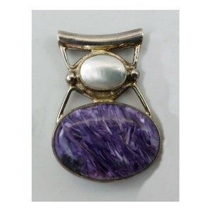 Vintage Sajen Charoite Oval Stone & Moeder-van-Pearl w / .925 Sterling Zilveren Setting Ketting Hanger P4