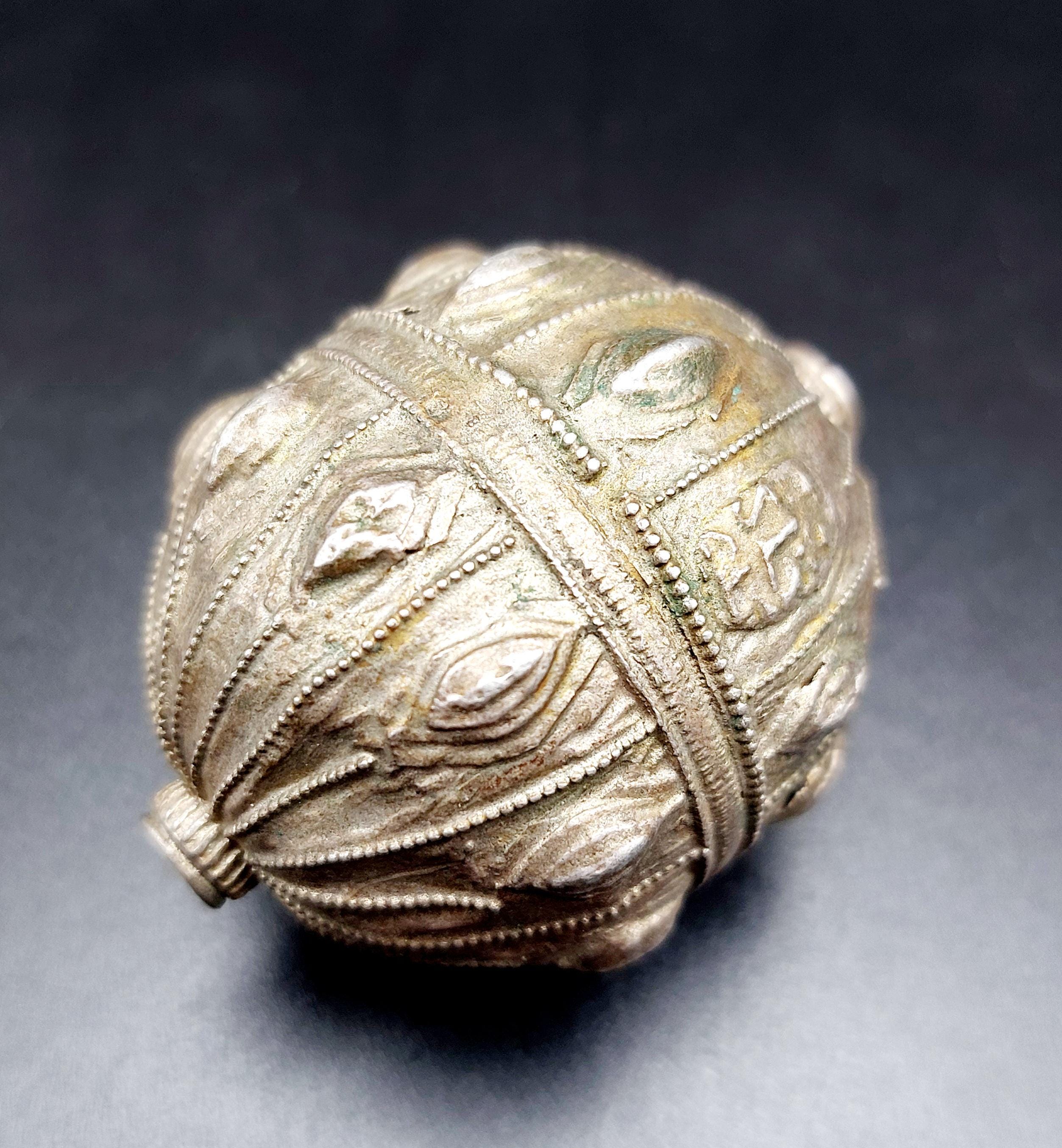 Antique Large Yemeni Bedouin Silver Filigree Oval Bead Signed by