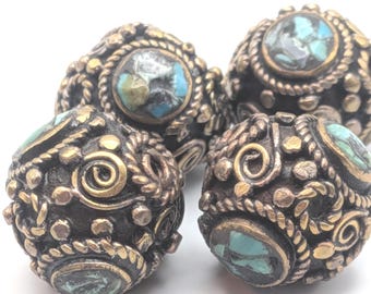 Singles and Pairs of Vintage Tibetan Mosaic Turquoise and Brass Inset Round Bead - Rare Beading Supplies - TBB - 18
