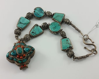 Tibetan Ghau Prayer Box Pendant Necklace w/ Silver Wrapped Tibetan Turquoise Stone & Sterling Silver Beads