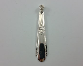Vintage Large .925 Sterling Silver Floral Design Spoon Handle Necklace Pendant w/ Heart Shaped Rhinestone Studded String Loop
