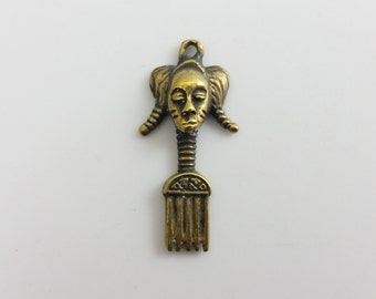 Vintage Tribal African Small Bronze Comb / Mask Necklace Pendant - Antique Africa Jewelry -