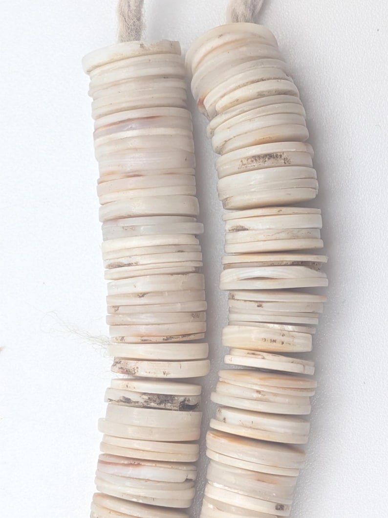 May include: Two strands of off-white, flat, circular beads are shown against a white background. The beads are strung together with a natural-colored cord. The beads have a slightly iridescent quality and vary in color from cream to light brown.