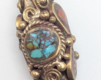 Vintage Tibetan Mosaic Turquoise, Coral and Brass Bicone Bead - Rare Beading Supplies - TBB -26