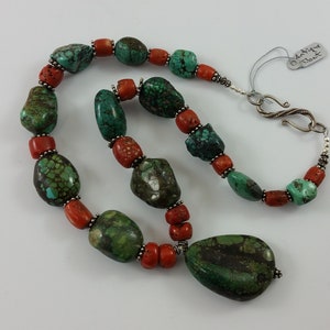 Antique Rare Tibetan Turquoise & Mediterranean Coral Bead Handmade Teardrop Turquoise Stone Pendant Necklace