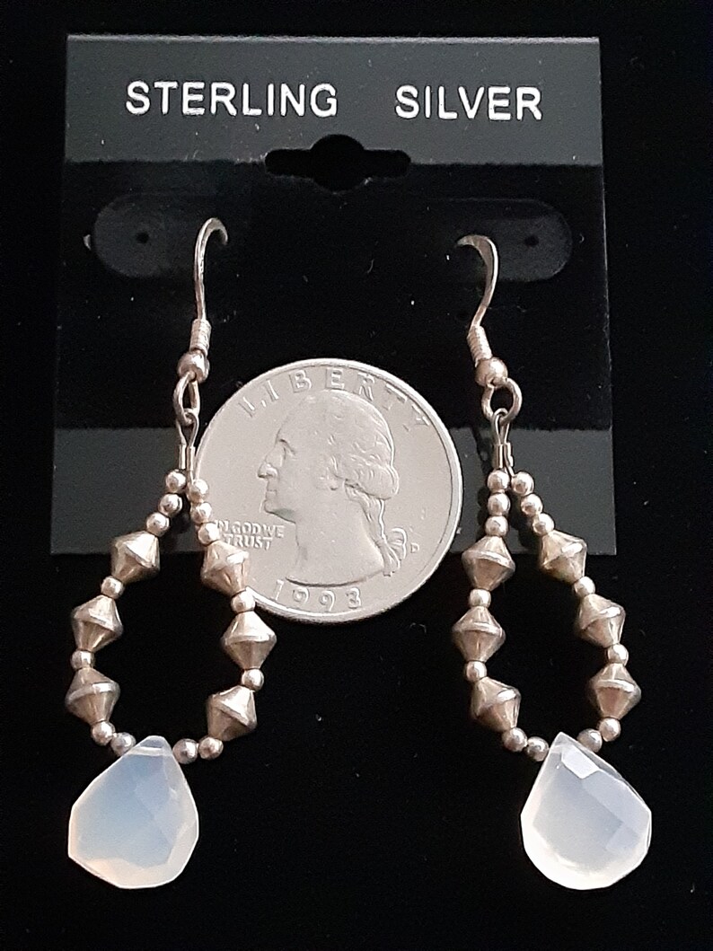 Vintage Faceted Chalcedony Teardrop and Sterling Silver Bead Teardrop Dangle Earrings Pair with Sterling Silver French Wire Back