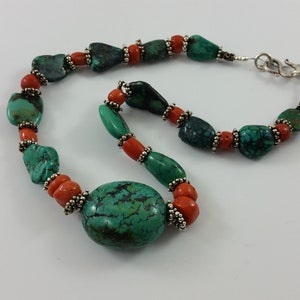 Antique Rare Tibetan Turquoise Stone & Mediterranean Coral Bead Handmade Turquoise Pendant Necklace w/ Sterling Silver Beads
