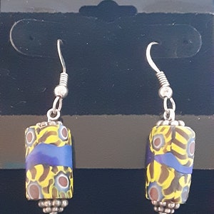 Pair of Antique Venetian Multi Color Millefiori Tribal African Trade Beads Earrings With Sterling Silver Fish Hooks