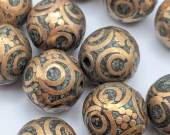 x1 Vintage Tibetan Mosaic Turquoise and Brass Round Bead - Rare Beading Supplies - TBB - 22