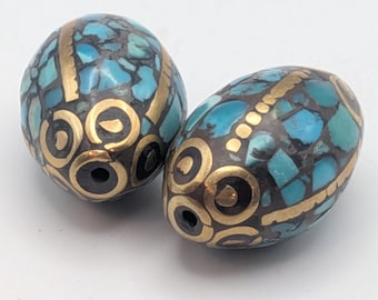 Pair of Large Vintage Tibetan Mosaic Turquoise & Brass Bicone/Oval Beads - Rare Beading Supplies - TBB -7