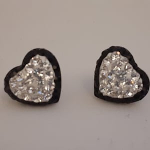 Sterling Silver, Jet and Rhinestone Heart Post Back Earring Pair - Custom Earrings -