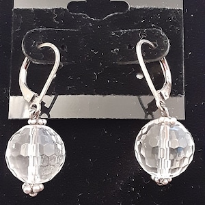 Vintage Faceted Rock Crystal Round Bead Earrings With Sterling Silver Lever Back Hooks