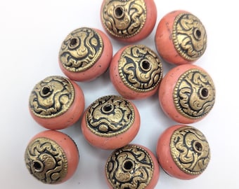 x1 Vintage Tibetan Repousse Gold Foil Capped Mock Coral Bead - MCB-1