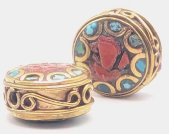 Pair of Vintage Tibetan Turquoise and Coral Mosaic Round Coin Beads with Brass Filigree - Rare Beading Supplies - TBB -6