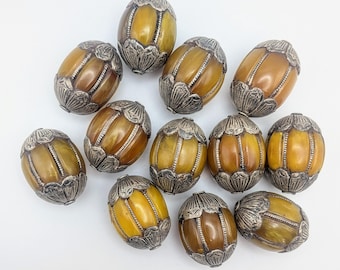 x1 Vintage Tibetan Silver Repousse Capped and Caged Mock Copal Amber Ellipsoid Bead - Rare Beads Beading Supplies - MAR-10