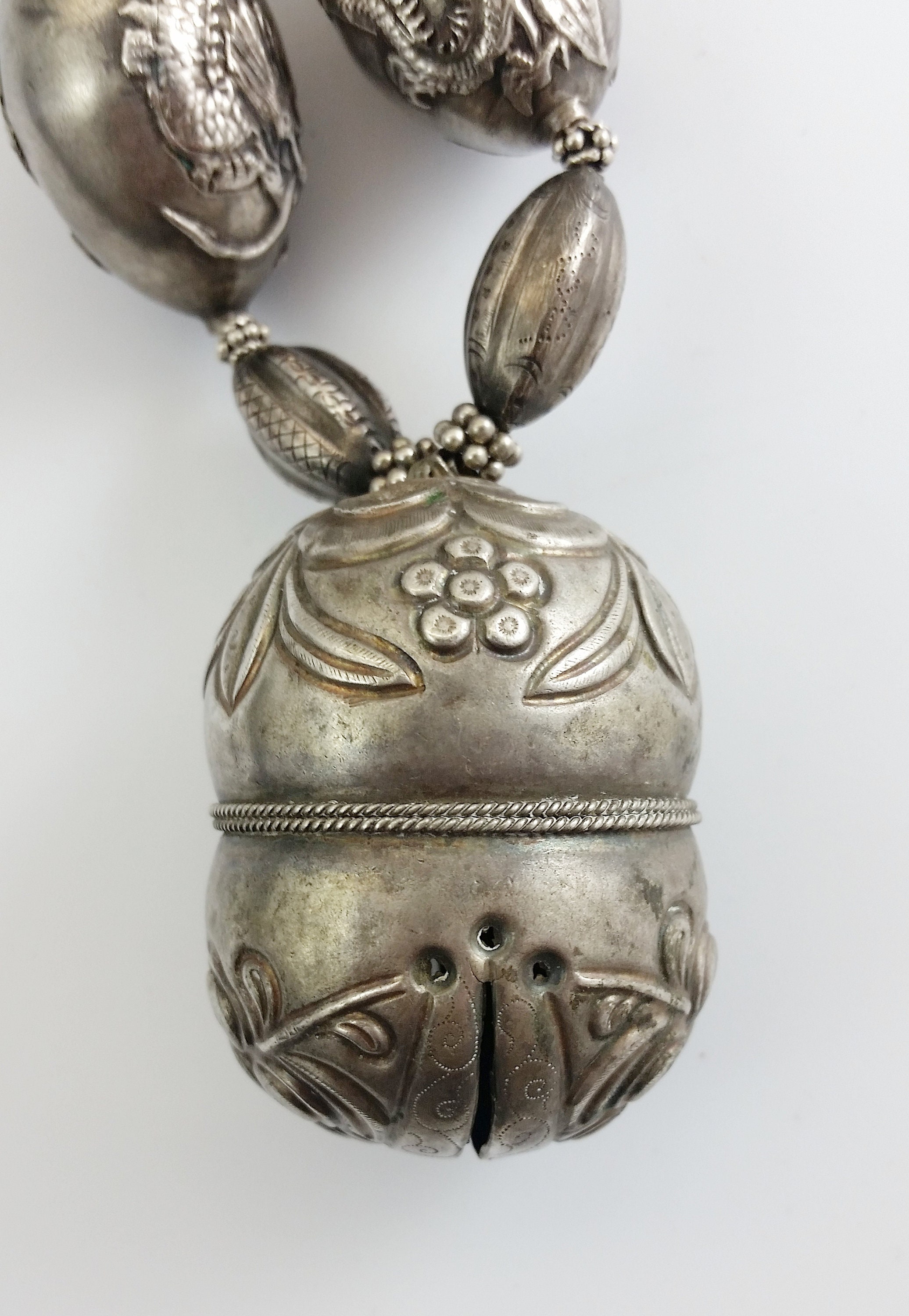 Antique Chinese Repousse Sterling Silver Crotal Bell Pendant