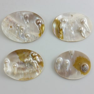 Vintage Carved Mother-of-Pearl Shell Oval Necklace Pendant w/ Accrued Pearls