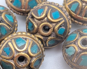 Pairs and Singles Vintage Tibetan Mosaic Turquoise and Brass Inset Round Bead - Rare Beading Supplies - TBB - 17