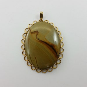 Vintage Large Jasper Stone Oval Necklace Pendant w/ Gold Tone Set SP2