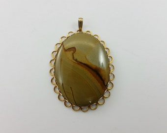 Vintage Large Jasper Stone Oval Necklace Pendentif w / Gold Tone Set SP2