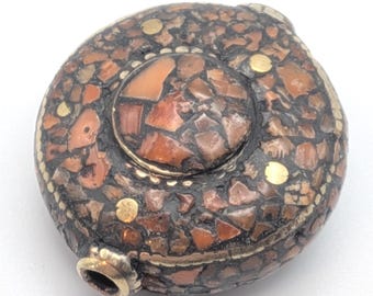 Large Vintage Tibetan Coral Mosaic Round Flattened Bead with Brass Filigree - Rare Beading Supplies - TBB -12