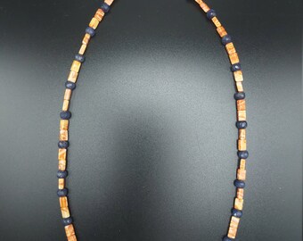 Rare Orange Spiny Oyster Shell Bead Necklace w/ Faceted Iolite Beads and Sterling Silver Shell Beads & Clasp