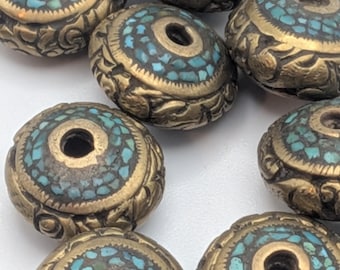x1 Vintage Tibetan Mosaic Turquoise & Brass Flat Round Bead - Rare Beading Supplies - TBB - 13