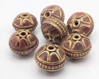 Pairs and Singles Vintage Tibetan Mosaic Coral and Brass Inset Round Bead - Rare Beading Supplies - TBB -16