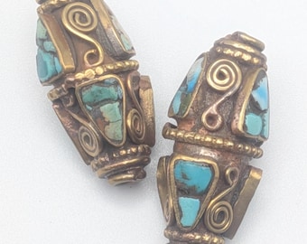 Vintage Tibetan Mosaic Turquoise and Brass Bicone Beads Pair - Rare Beading Supplies - TBB -28