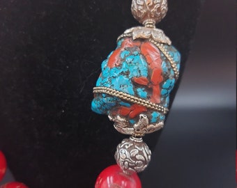 アクセサリー Vintage TibetanTurquoise Coral necklace Tibetan Necklace With Inlaid Turquoise and Dyed Red Coral Beads - Etsy