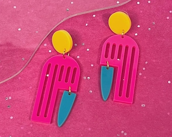 Retrowave Malibu Beach Earrings, Bright 80s Memphis Style Earrings