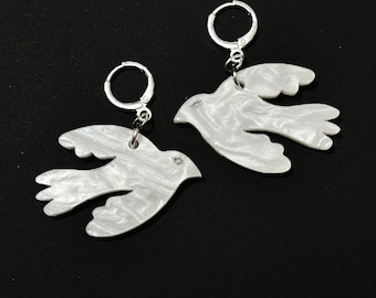 Modernist Large Picasso Peace Dove Earrings, Bird Hug Hoop Earrings