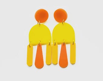 Yellow and Orange Groovy Chandelier Earrings, Bright 60s Mod Dangle Earrings